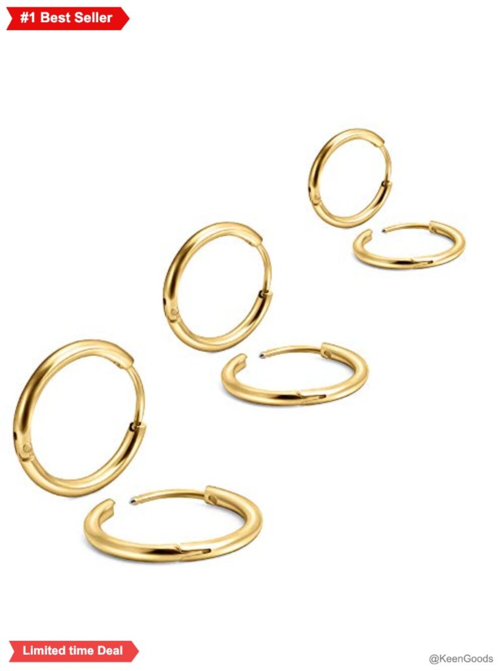 18K Real Gold Plating Surgical Steel Tiny Hoop Earrings Unisex Set of 3 Pairs